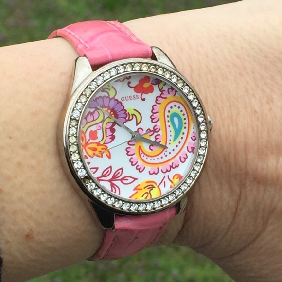 Guess Accessories - Guess pink genuine leather crystal accent watch